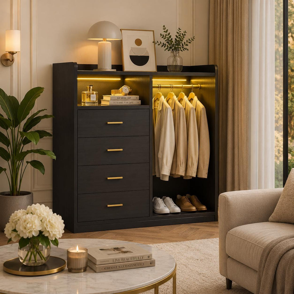 Modern White Dresser with Clothes Rack, 4 Drawers, LED Lights, Charging Station & USB Ports | Bedroom Storage Organizer