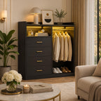 Modern White Dresser with Clothes Rack, 4 Drawers, LED Lights, Charging Station & USB Ports | Bedroom Storage Organizer