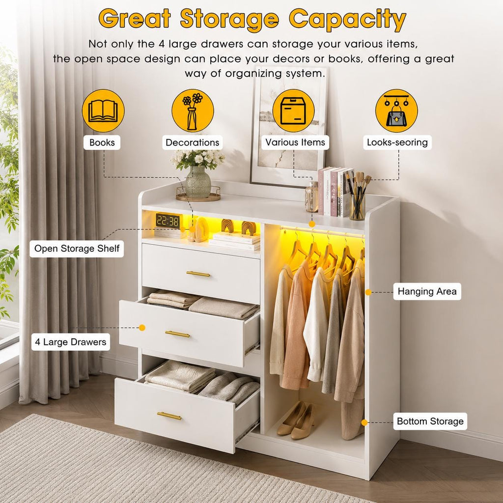 Modern White Dresser with Clothes Rack, 4 Drawers, LED Lights, Charging Station & USB Ports | Bedroom Storage Organizer