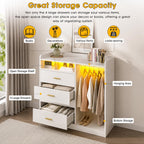 Modern White Dresser with Clothes Rack, 4 Drawers, LED Lights, Charging Station & USB Ports | Bedroom Storage Organizer
