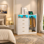 Modern White Dresser with Clothes Rack, 4 Drawers, LED Lights, Charging Station & USB Ports | Bedroom Storage Organizer