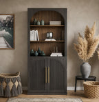 Tall Storage Cabinet with Hutch, Fluted Arched Doors, Ebony Wood Display Sideboard