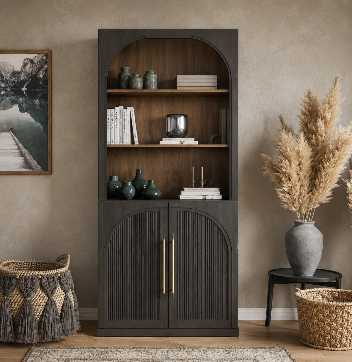 Tall Storage Cabinet with Hutch, Fluted Arched Doors, Ebony Wood Display Sideboard