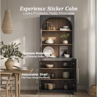 Tall Storage Cabinet with Hutch, Fluted Arched Doors, Ebony Wood Display Sideboard