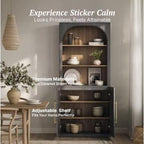 Tall Storage Cabinet with Hutch, Fluted Arched Doors, Ebony Wood Display Sideboard