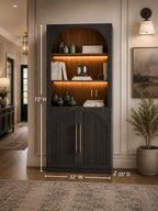 Tall Storage Cabinet with Hutch, Fluted Arched Doors, Ebony Wood Display Sideboard