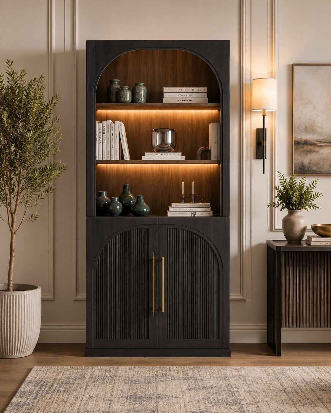 Tall Storage Cabinet with Hutch, Fluted Arched Doors, Ebony Wood Display Sideboard