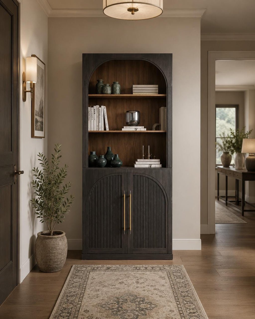 Tall Storage Cabinet with Hutch, Fluted Arched Doors, Ebony Wood Display Sideboard