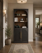 Tall Storage Cabinet with Hutch, Fluted Arched Doors, Ebony Wood Display Sideboard