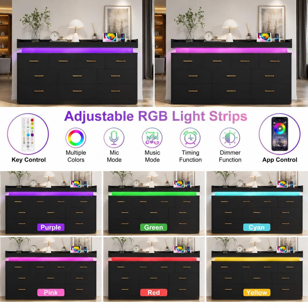 10 Drawer Dresser with Power Outlet & LED Wide Organizer Cabinet Modern Chest Bedroom Living Room Entryway Black, Customized