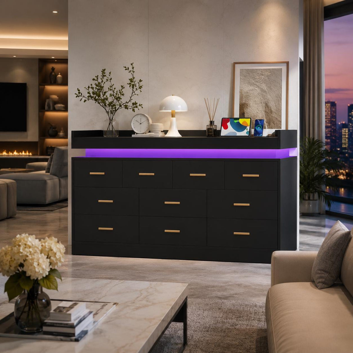 10 Drawer Dresser with Power Outlet & LED Wide Organizer Cabinet Modern Chest Bedroom Living Room Entryway Black, Customized