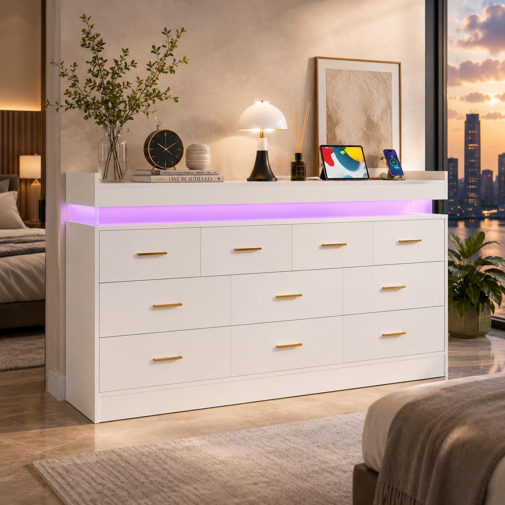10 Drawer Dresser with Power Outlet & LED Wide Organizer Cabinet Modern Chest Bedroom Living Room Entryway Black, Customized