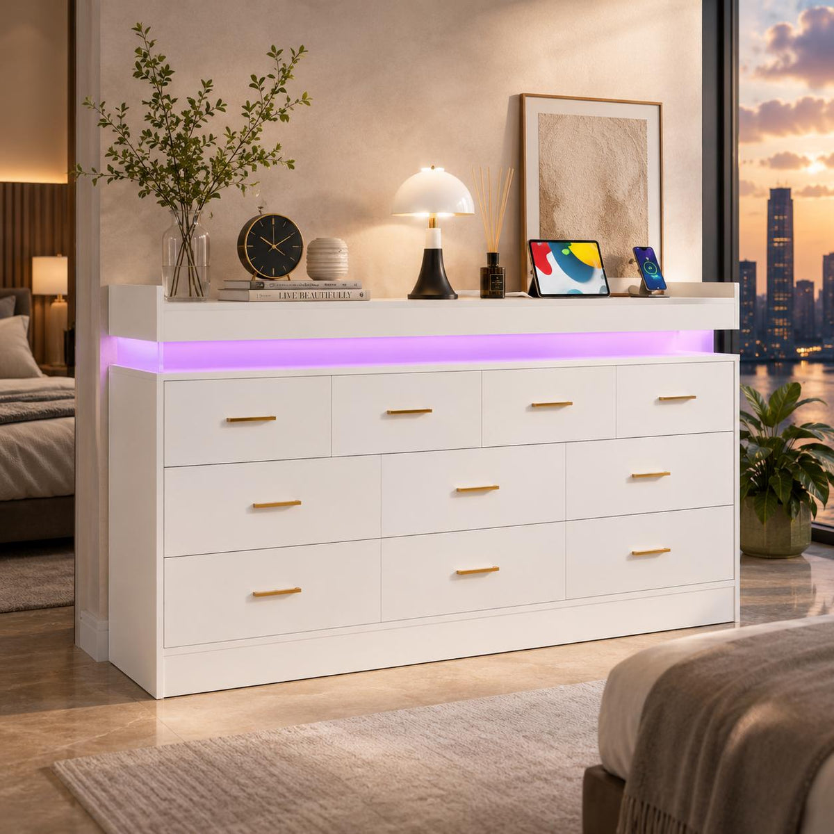 10 Drawer Dresser with Power Outlet & LED Wide Organizer Cabinet Modern Chest Bedroom Living Room Entryway Black, Customized