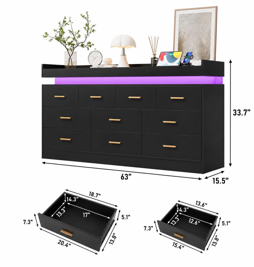 10 Drawer Dresser with Power Outlet & LED Wide Organizer Cabinet Modern Chest Bedroom Living Room Entryway Black, Customized