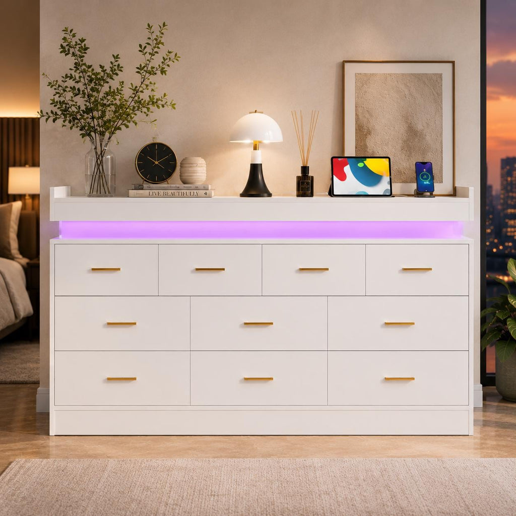10 Drawer Dresser with Power Outlet & LED Wide Organizer Cabinet Modern Chest Bedroom Living Room Entryway Black, Customized
