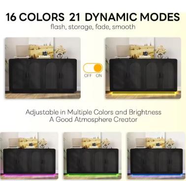Black Rattan Sideboard with LED Lighting and Power Outlet