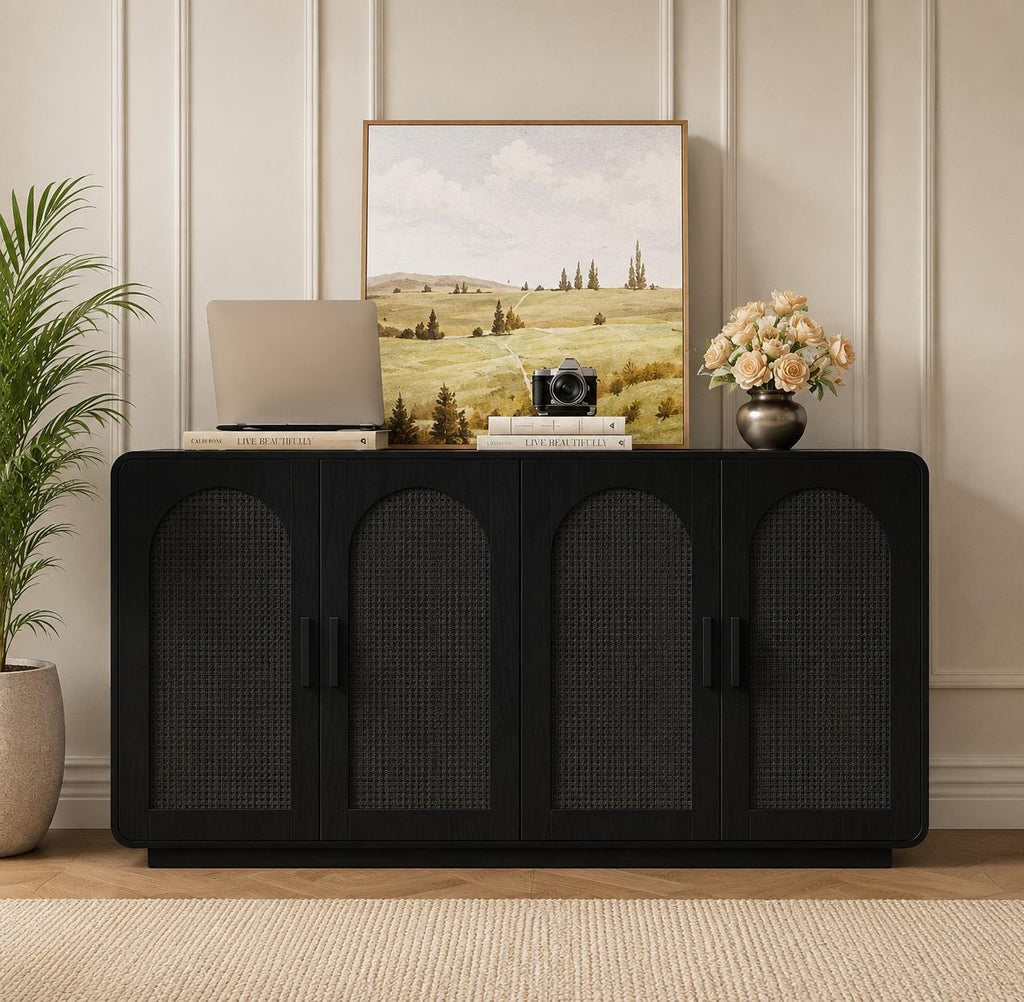 Black Rattan Sideboard with LED Lighting and Power Outlet