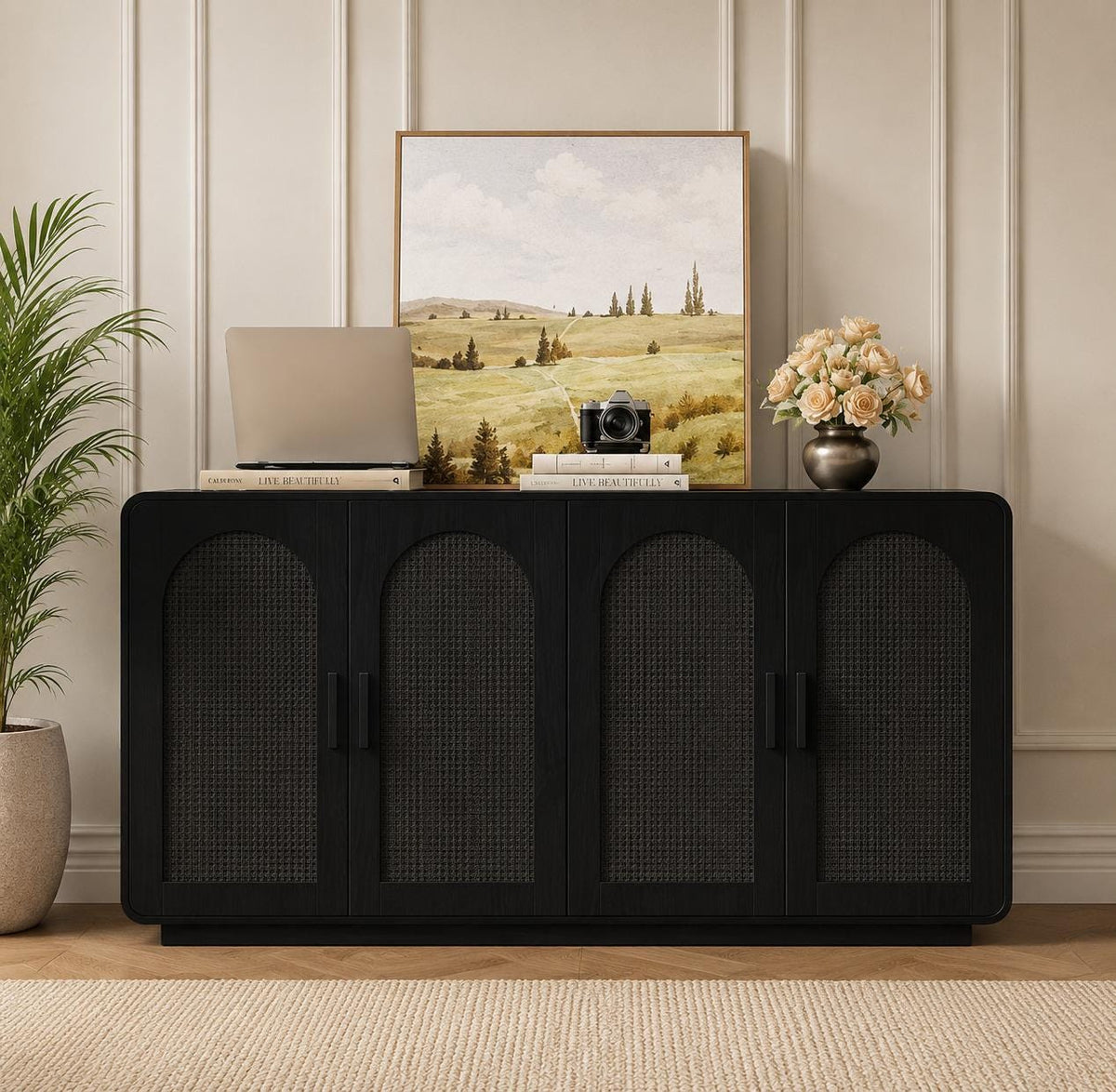 Black Rattan Sideboard with LED Lighting and Power Outlet