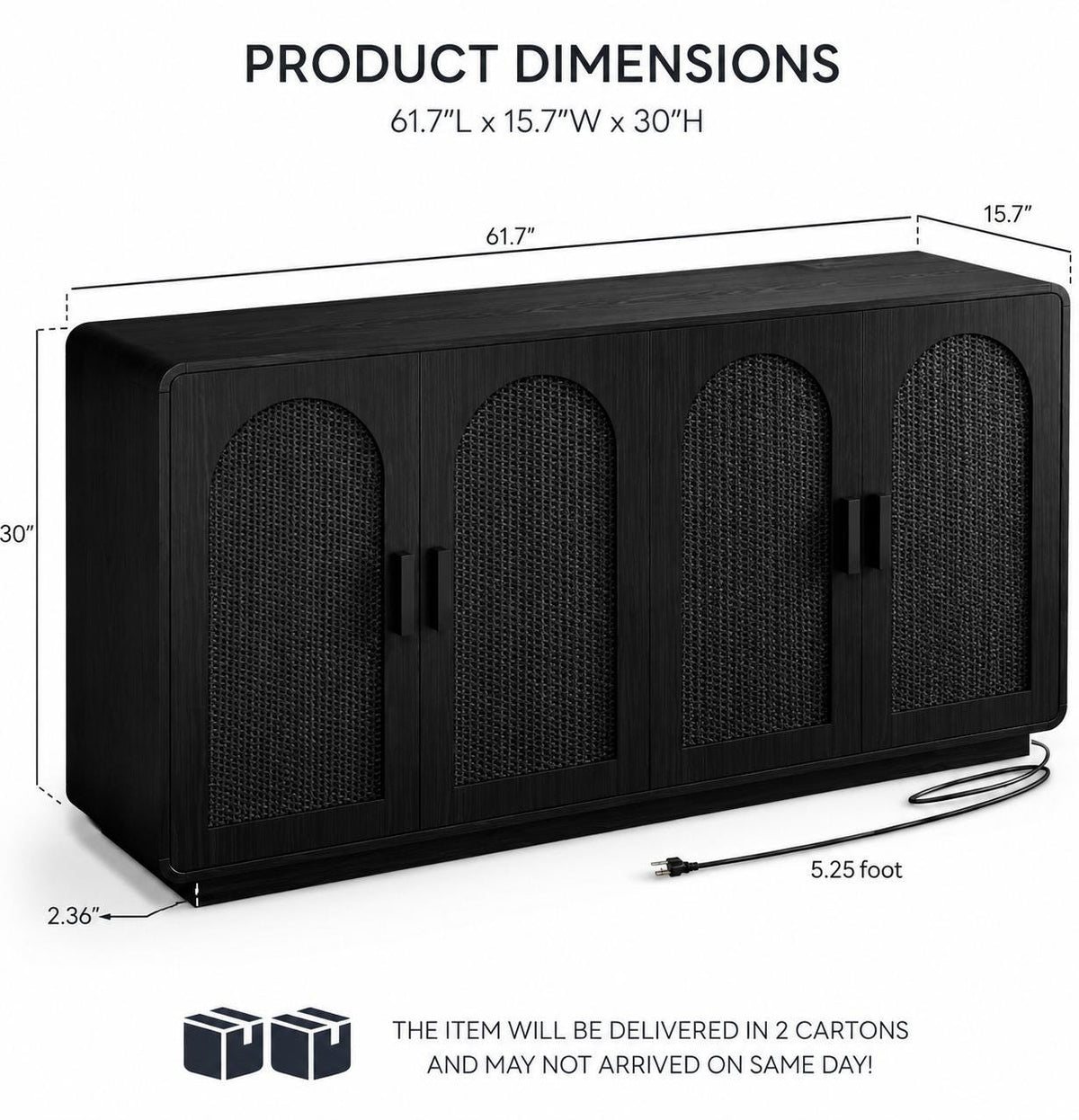Black Rattan Sideboard with LED Lighting and Power Outlet