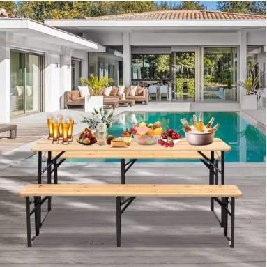 6 Foot Folding Picnic Table with Benches, Weather-Resistant Wood Beer Camping Table w/Carrying Handles