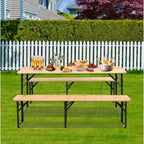 6 Foot Folding Picnic Table with Benches, Weather-Resistant Wood Beer Camping Table w/Carrying Handles