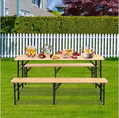 6 Foot Folding Picnic Table with Benches, Weather-Resistant Wood Beer Camping Table w/Carrying Handles
