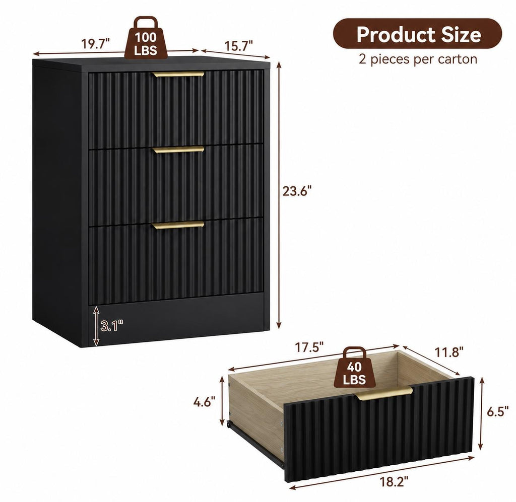 Black Fluted Nightstand Set of 2, 3 Drawer Bedside Tables, Modern End Tables for Bedroom, Living Room Storage Cabinet, Customized