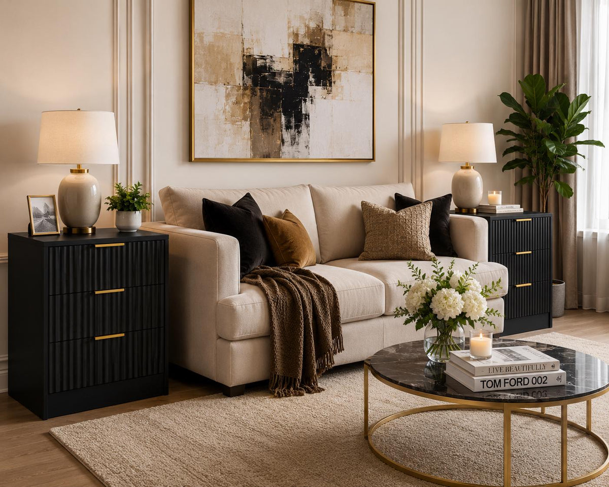 Black Fluted Nightstand Set of 2, 3 Drawer Bedside Tables, Modern End Tables for Bedroom, Living Room Storage Cabinet, Customized