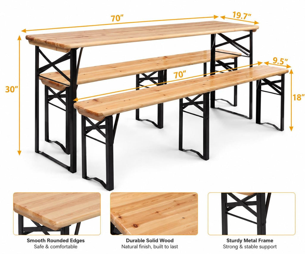 6 Foot Folding Picnic Table with Benches, Weather-Resistant Wood Beer Camping Table w/Carrying Handles
