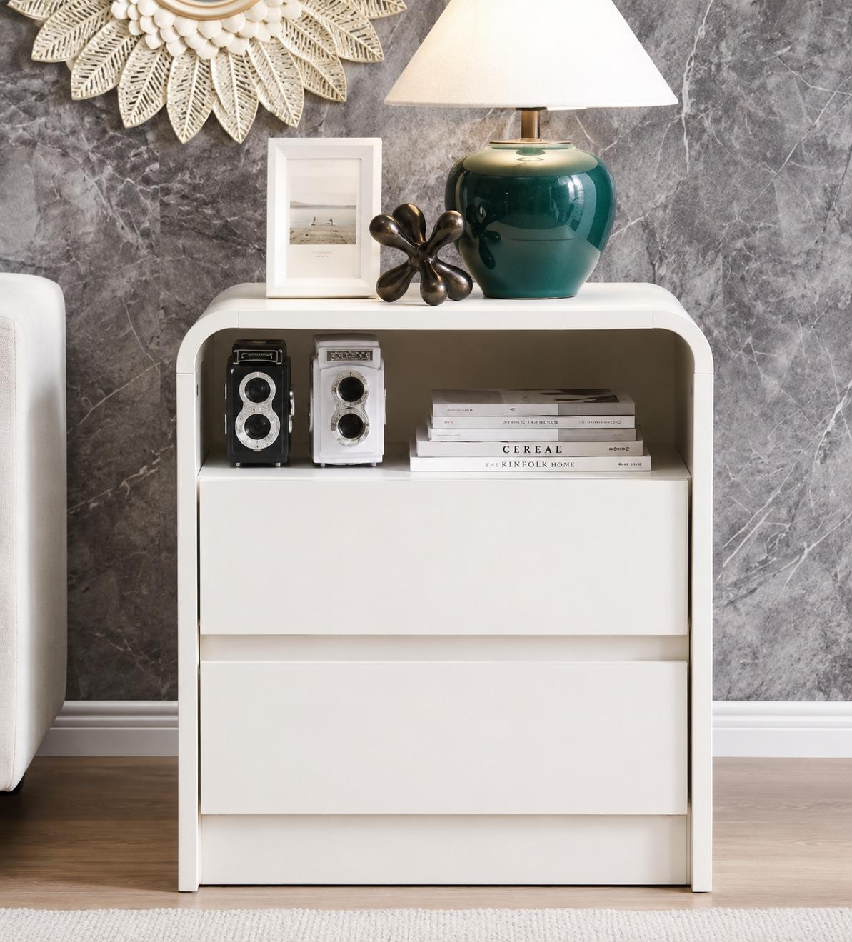 25in Tall Charging Nightstand 23.6in Wood 2 Drawers Mid Century End Table Bedroom Curved White, Customized