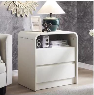 25in Tall Charging Nightstand 23.6in Wood 2 Drawers Mid Century End Table Bedroom Curved White, Customized