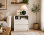 25in Tall Charging Nightstand 23.6in Wood 2 Drawers Mid Century End Table Bedroom Curved White, Customized
