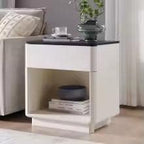Modern Nightstand Set of 2 with Charging Station, 22" Wood Bedside Tables, Large Drawer & Open Storage Shelf, Bedroom End Tables