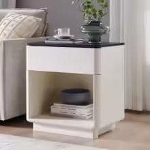 Modern Nightstand Set of 2 with Charging Station, 22" Wood Bedside Tables, Large Drawer & Open Storage Shelf, Bedroom End Tables