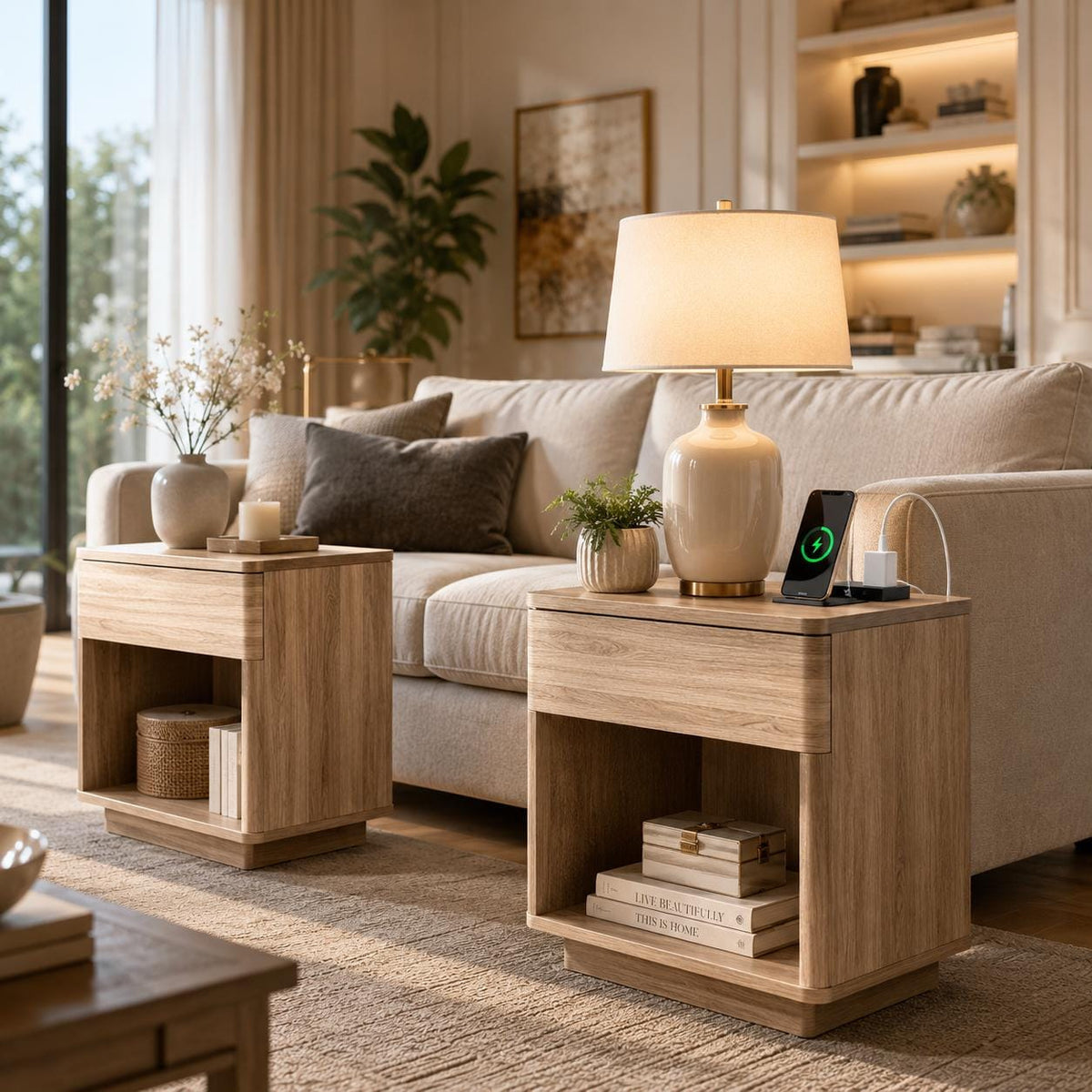 Modern Nightstand Set of 2 with Charging Station, 22" Wood Bedside Tables, Large Drawer & Open Storage Shelf, Bedroom End Tables