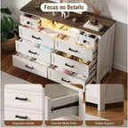 8 Drawer Wood Dresser with Hidden LED Mirror, White Chest of Drawers