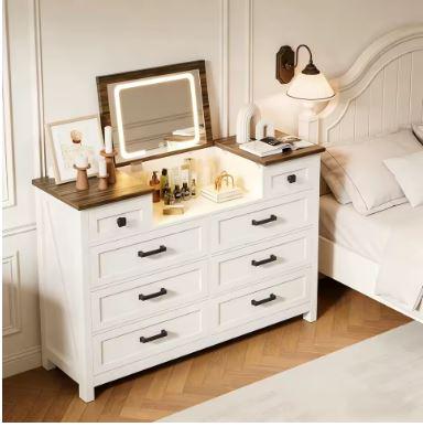 8 Drawer Wood Dresser with Hidden LED Mirror, White Chest of Drawers