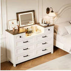8 Drawer Wood Dresser with Hidden LED Mirror, White Chest of Drawers