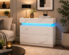 Modern Nightstand with LED Lights and Charging Station – White Marble Finish