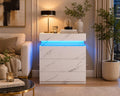 Modern Nightstand with LED Lights and Charging Station – White Marble Finish