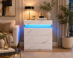 Modern Nightstand with LED Lights and Charging Station – White Marble Finish