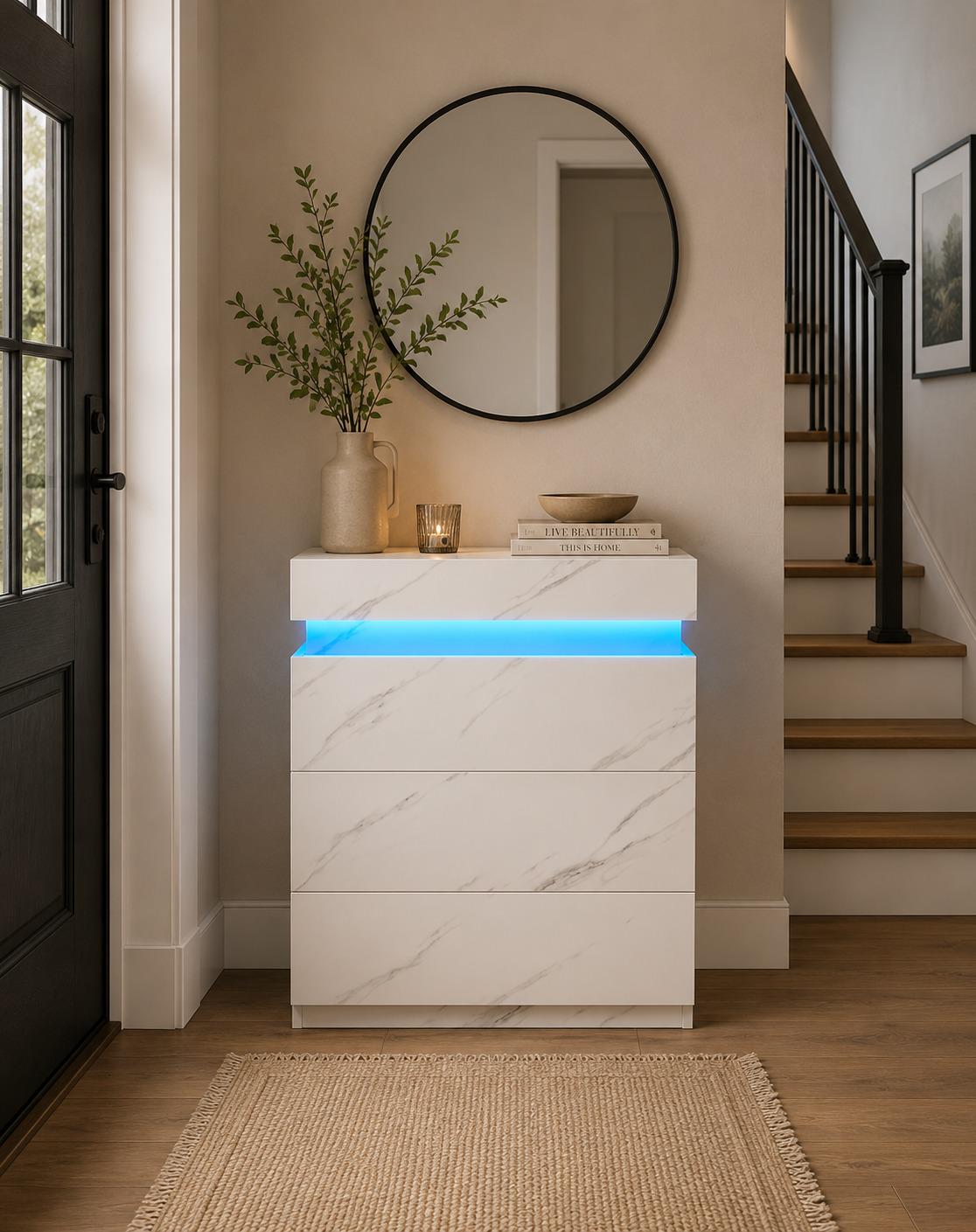 Modern Nightstand with LED Lights and Charging Station – White Marble Finish
