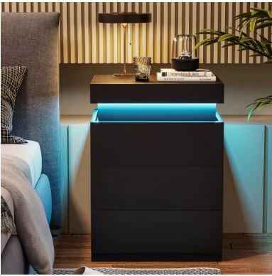 Modern Nightstand with LED Lights and Charging Station – White Marble Finish