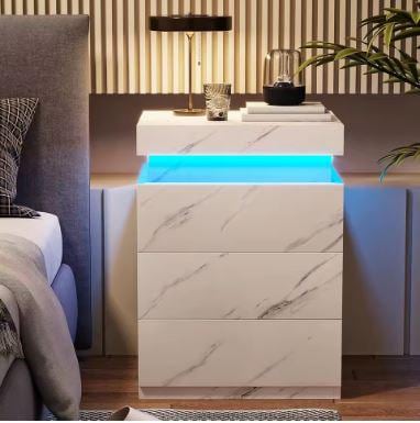 Modern Nightstand with LED Lights and Charging Station – White Marble Finish