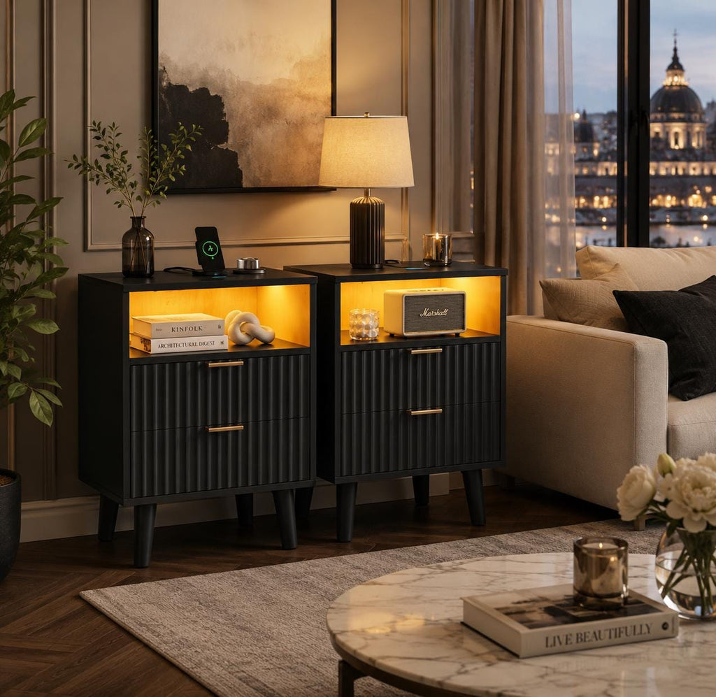 Fluted Nightstand Set of 2 with Charging Station, Black LED Bedside Tables, Modern 2 Drawer End Tables with USB Ports & Open Storage