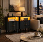 Fluted Nightstand Set of 2 with Charging Station, Black LED Bedside Tables, Modern 2 Drawer End Tables with USB Ports & Open Storage