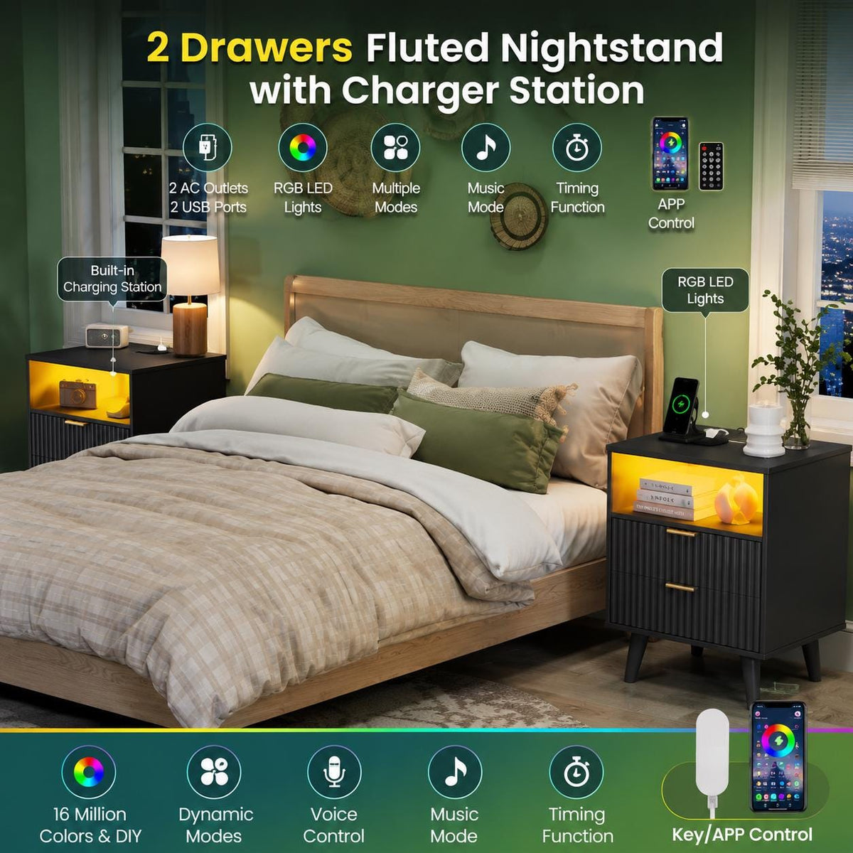 Fluted Nightstand Set of 2 with Charging Station, Black LED Bedside Tables, Modern 2 Drawer End Tables with USB Ports & Open Storage