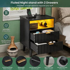Fluted Nightstand Set of 2 with Charging Station, Black LED Bedside Tables, Modern 2 Drawer End Tables with USB Ports & Open Storage