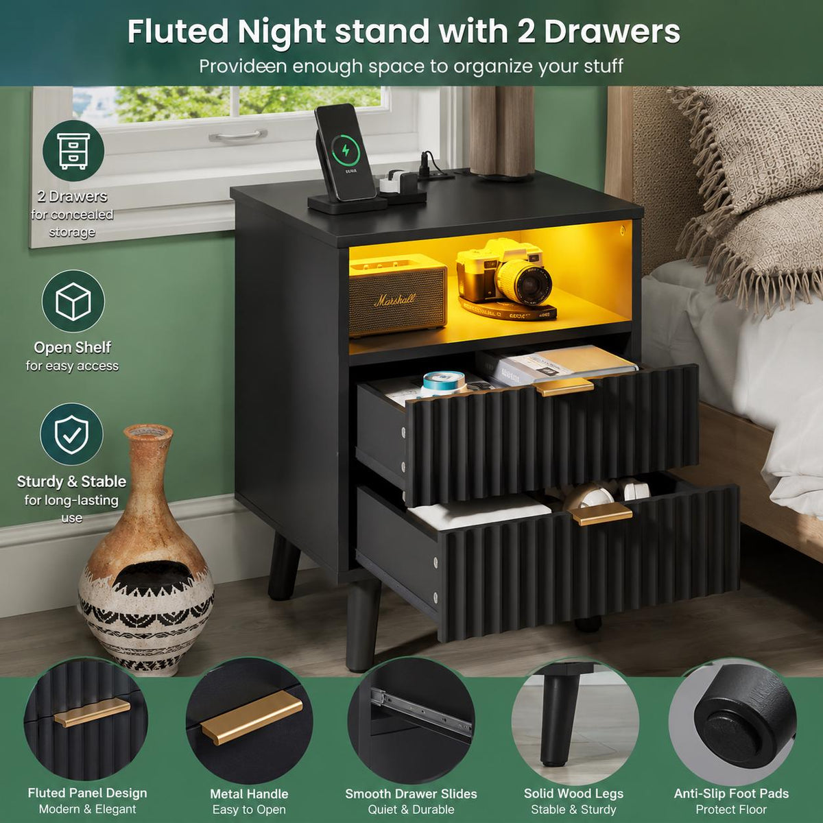 Fluted Nightstand Set of 2 with Charging Station, Black LED Bedside Tables, Modern 2 Drawer End Tables with USB Ports & Open Storage
