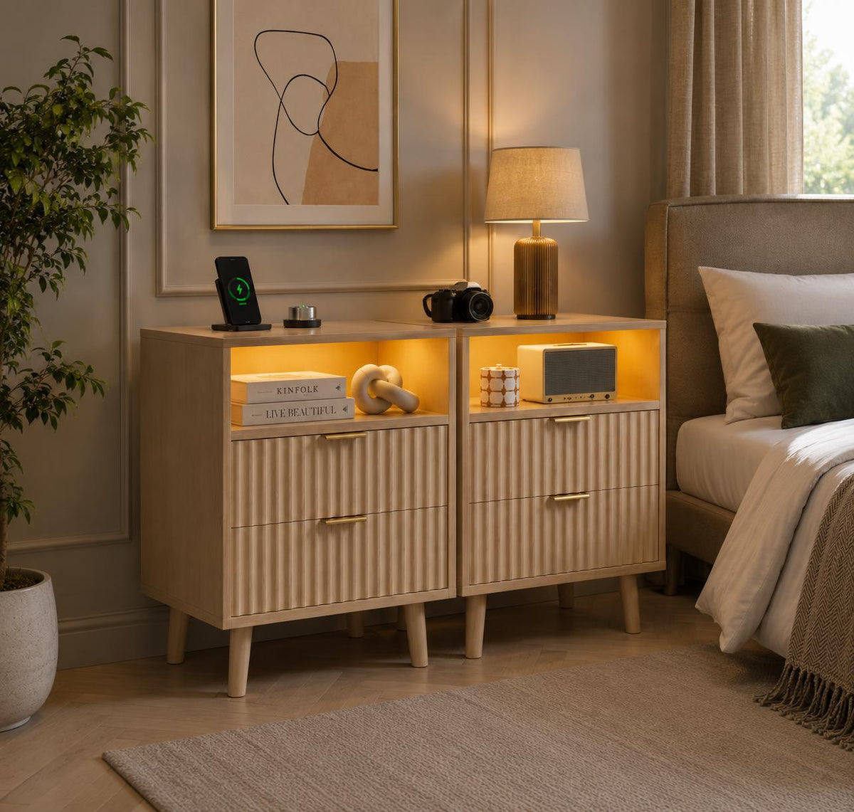 Fluted Nightstand Set of 2 with Charging Station, Black LED Bedside Tables, Modern 2 Drawer End Tables with USB Ports & Open Storage